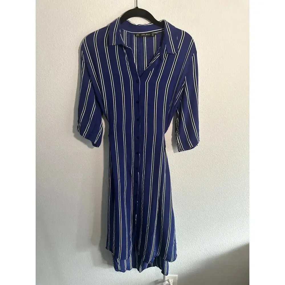Zara Blue and White Striped Mini Shirt Dress